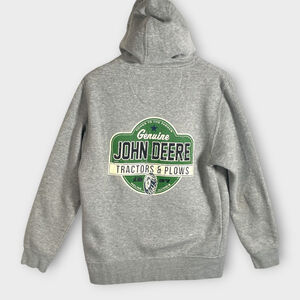 JOHN DEERE Hoodie Mens MEDIUM Pullover Sweatshirt Tractor Plow Farm Gray